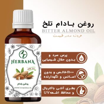 اینفوگرافیک کیفیت روغن بادام شیرین هربانا: تهیه شده با پرس سرد، ۱۰۰٪ خالص و مناسب پوست و مو